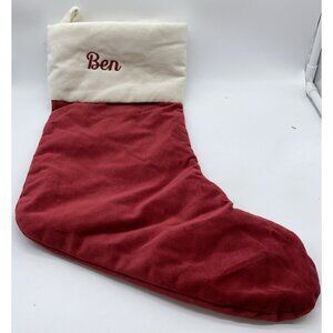 Pottery Barn Ben Velvet Christmas Stocking Holiday Monogrammed Red Cream 19 in